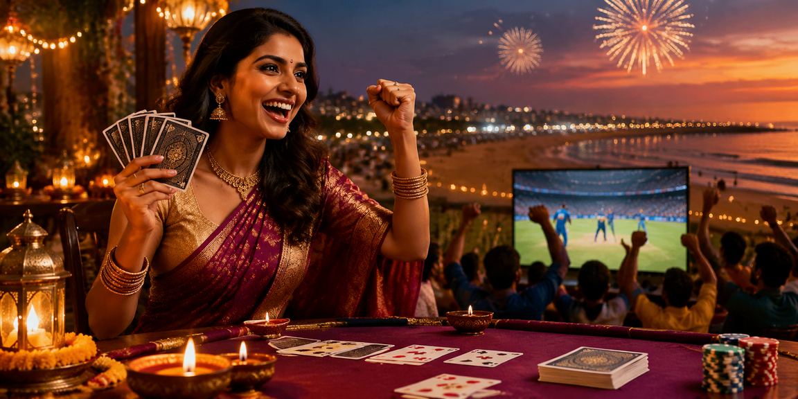 Festive Teen Patti game scene at Chennai Marina Beach during Diwali