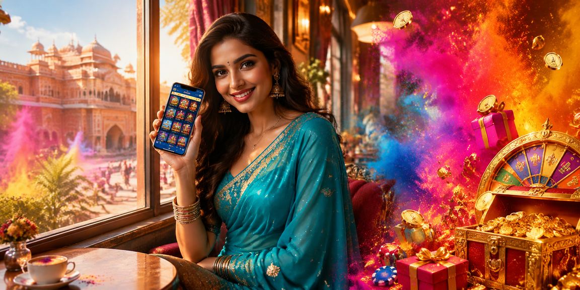 Young woman enjoying mobile casino games including Andar Bahar in traditional attire