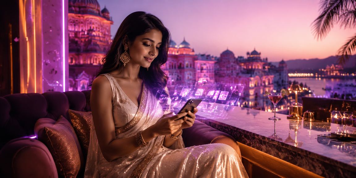 Player using Jaipur casino app, wearing traditional saree