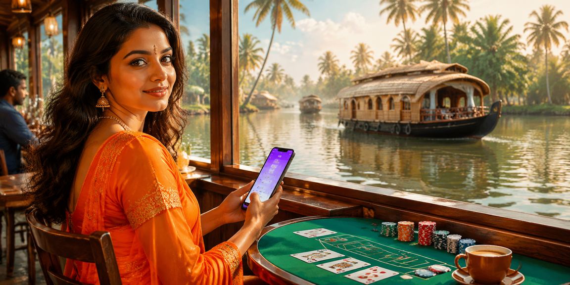 Scenic view of Kerala backwaters with baccarat game interface