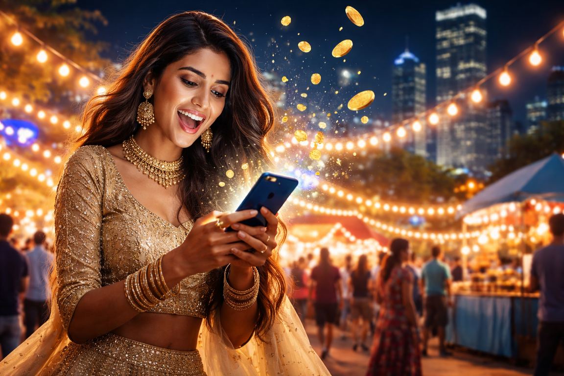 Happy woman depositing on mobile casino in Pune with traditional attire