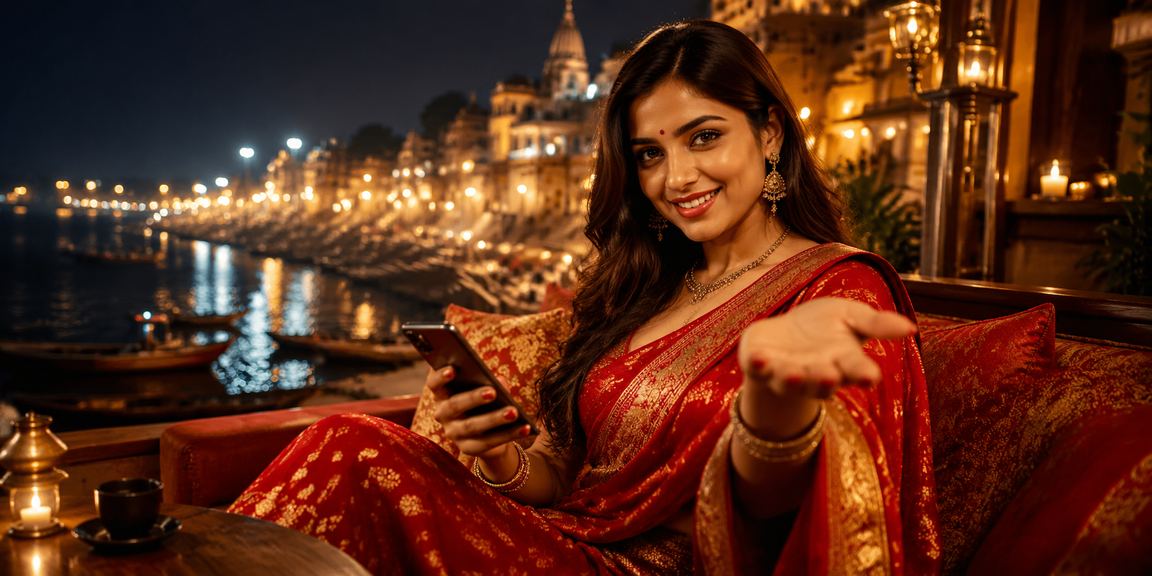 Indian woman near Varanasi ghat accessing online betting via mobile device